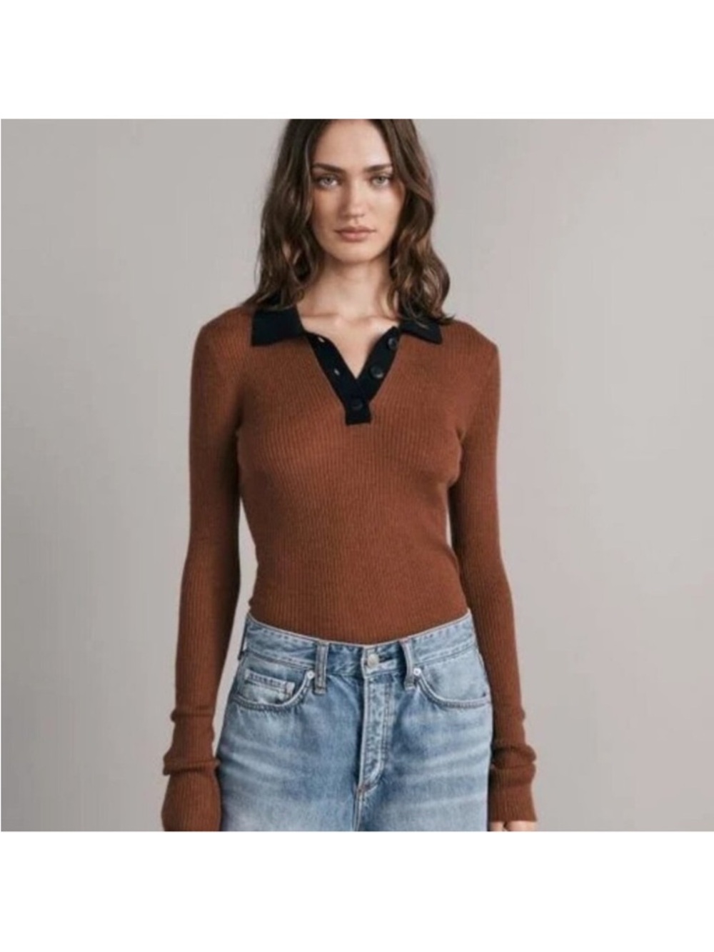 Rag & Bone Mandee Polo-Neck Cashmere Top Long Sleeve Ribbed Brown Black *REPAIRS